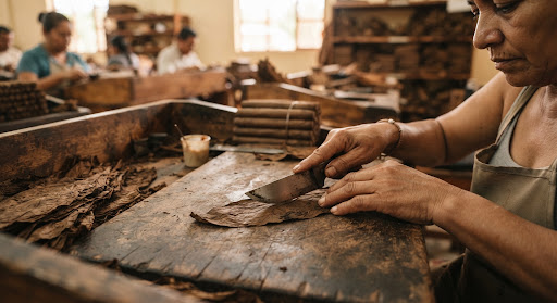 Artisan hands trimming reserve tobacco wrapper leaf with chaveta blade in Danlí