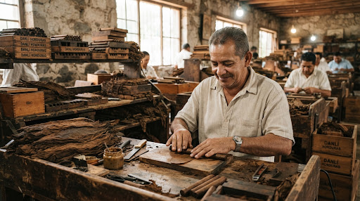 Authentic torcedor working in Danlí Honduras reserve cigar aging vault